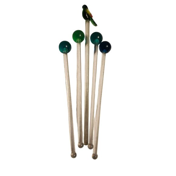 5 Glass and Plastic Stir Swizzle Sticks Colorful Parrot and Ball Designs - Picture 4 of 6